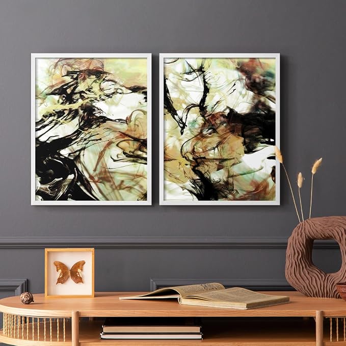 Renditions Gallery Set of 2 Peel & Stick Framed Prints, Abstract Wall Art, Vaping Smoke Design Wall Decor, Re-Stickable - Ready to Hang - 22"x28" - White Frame LT588