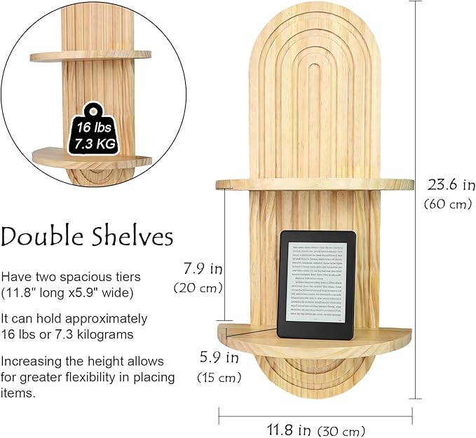 Boho Wall Shelves with Arched Wooden Design, Mid Century Modern Decor Plant Wall Shelf Set of 2, Double Floating Shelves for Home Living Room Bathroom Bedroom, 23.6 x 11.8 Inches (Natural)