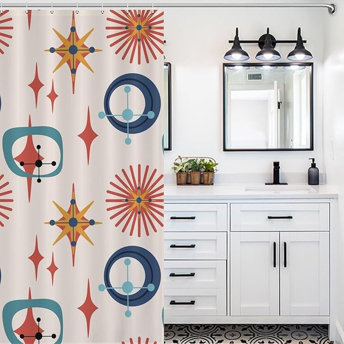 Retro 50s Shower Curtain Mid Century Modern Geometric Stars Colors Pattern Duty Fabric Shower Curtains Set Bathroom Polyester Waterproof with 12 Hooks, 66x72Inch（168x183cm）