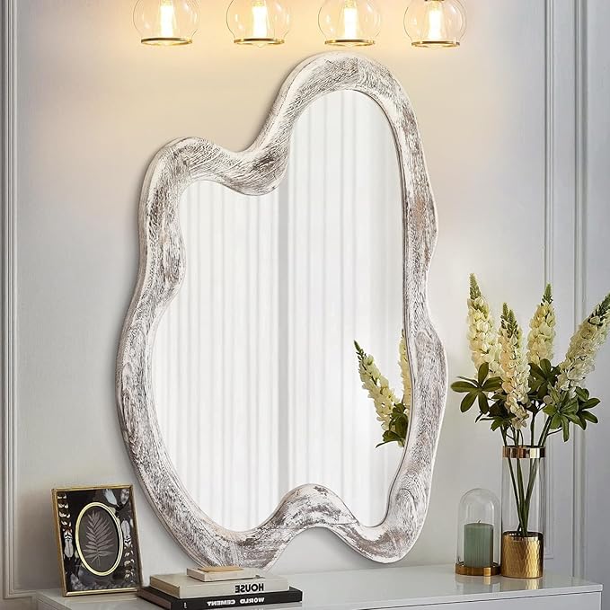 AAZZKANG Irregular Wooden Wall Mirror 28"x20" Asymmetrical Large Minimalist Decorative Mirrors for Wall,Rustic Irregular for Bedroom Living Room Entryway