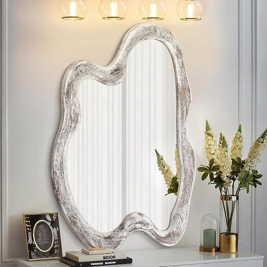 AAZZKANG Irregular Wooden Wall Mirror 28"x20" Asymmetrical Large Minimalist Decorative Mirrors for Wall,Rustic Irregular for Bedroom Living Room Entryway