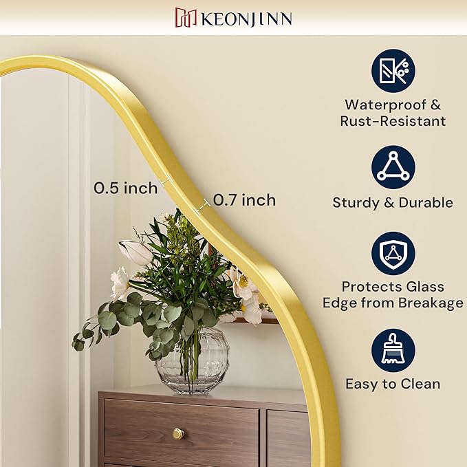 Keonjinn Gold Irregular Mirrors for Wall 60" x 20" Inch, Asymmetrical Metal Frame, Tempered Glass Decorative Mirror for Bathroom, Bedroom, Living Room, Entryway(Horizontal/Vertical)