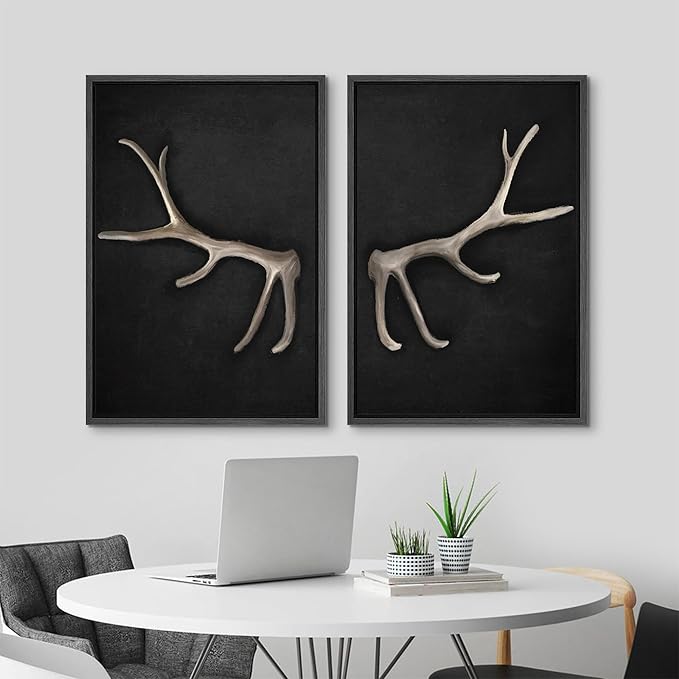 MUDECOR Framed Canvas Print Wall Art Rustic Antler Minimalist Antler Illustrations Modern Art Decorative Bohemian Colorful Chic for Living Room, Bedroom, Office - 24"x36"x2 Black