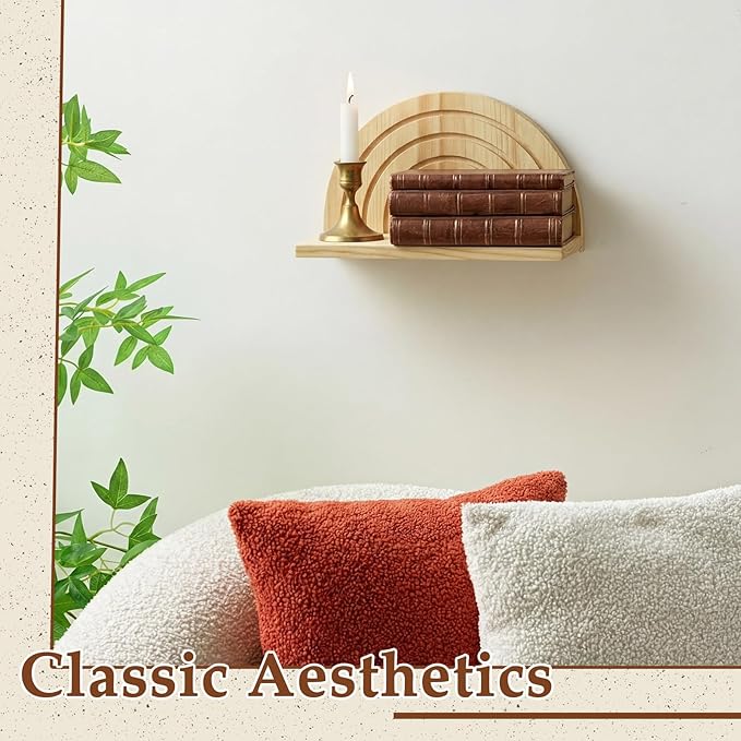 AceOrbit 2 Pcs Boho Wooden Arched Wall Shelf Mid Century Modern Shelf Hanging Plant Display Shelves Floating Half Round Rainbow Shelves for Bedroom Bathroom Hallway Balcony Decoration(Light Brown)