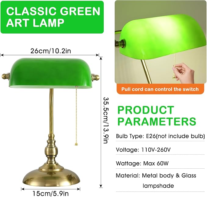 Classic Banker's Desk Lamp, Green Glass Shade, Antique Brass Base, Pull Cord Switch, Vintage Style