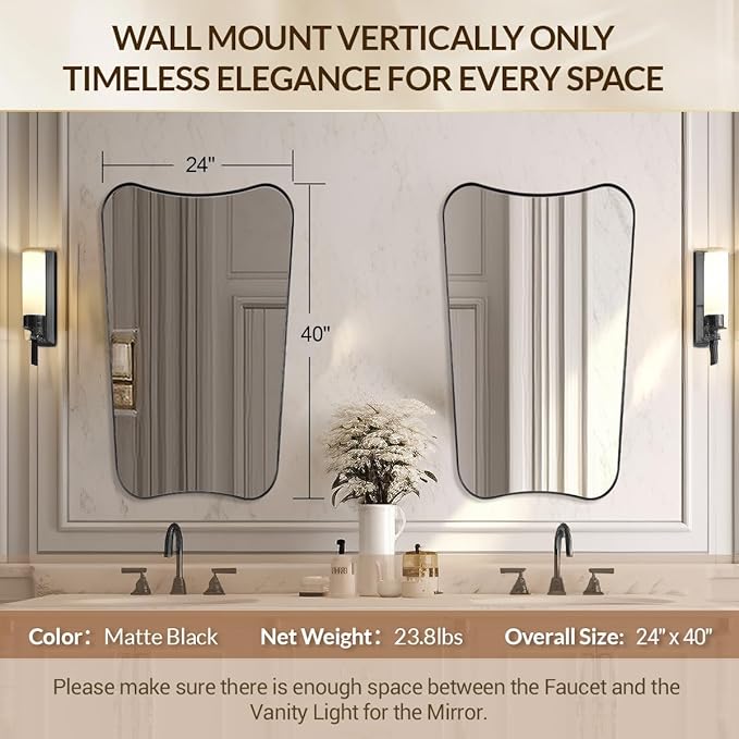MIRRORTART Contemporary Black Bathroom Wall Mirrors, 24x40'' Asymmetrical Scalloped Butterfly Rectangle Mirror in 1'' Stainless Steel Metal Frame for Home Decor Wall Mounted Vertical Only