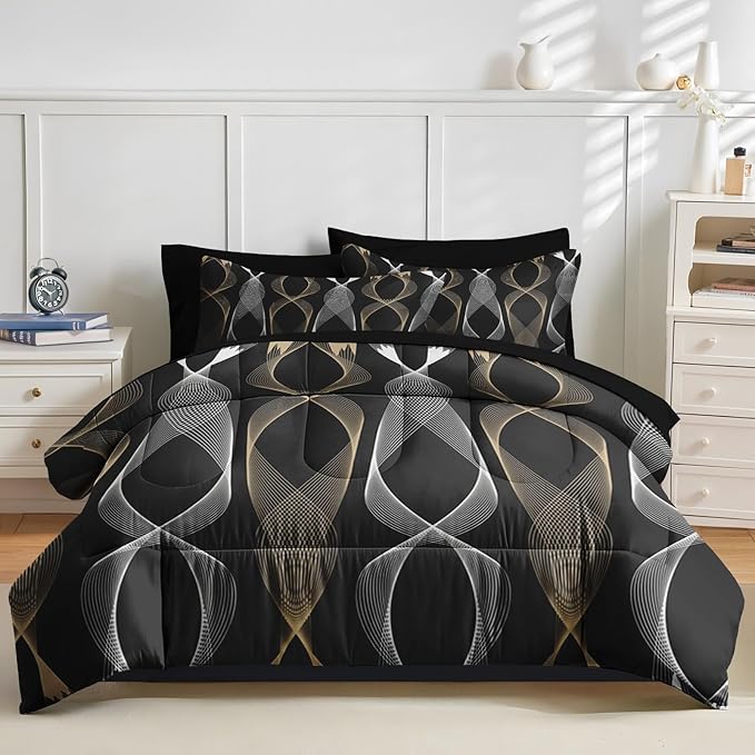 Nesker 7 Pcs Comforter Set Full Size, Striped Minimalist Bedding Set for Kids and Adults, White Golden Wave Bed Sheet Sets with Fitted Sheet 2 Pillowcases & 2 Shams