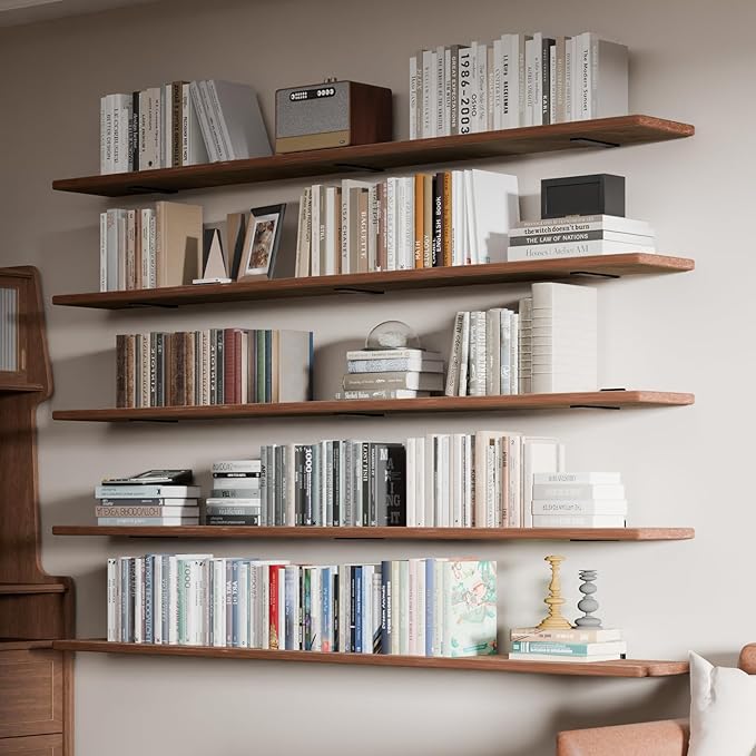 5 Tier Book Shelf,Long Floating Shelf for Wall 72 inch,Farmhouse Bookcase Long Wall Shelves,Wall Mounted Bookshelf Display Shelves