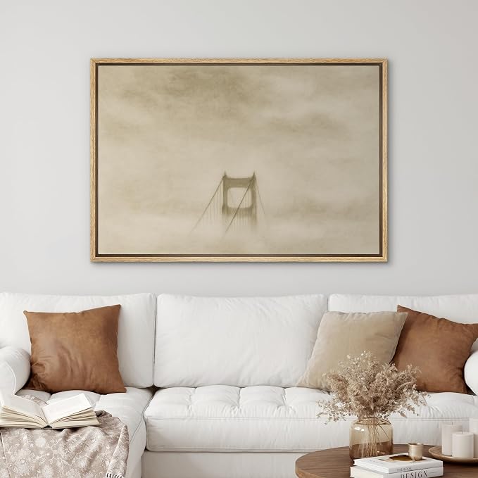 SIGNWIN Framed Canvas Print Wall Art Golden Gate Bridge in Fog Minimalist San Francisco Landmark Illustrations Minimalism Decorative Boho Retro for Living Room, Bedroom, Office - 24"x36" Natural