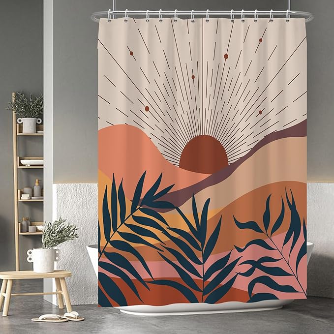 Baocicoo Boho Abstract Sun Shower Curtain Mid Century Sunrise Mountain Shower Curtain for Bathroom Minimalist Aesthetic Bathroom Decorations Waterproof Curtain for Bath with Hooks 72x96 Inches