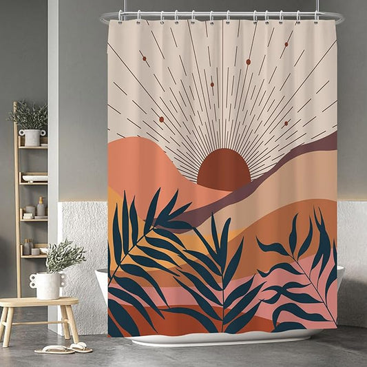Baocicoo Boho Abstract Sun Shower Curtain Mid Century Sunrise Mountain Shower Curtain for Bathroom Minimalist Aesthetic Bathroom Decorations Waterproof Curtain for Bath with Hooks 72x96 Inches