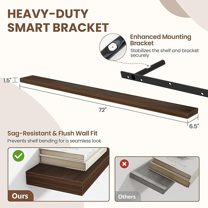 72 Inch Floating Shelves for Wall 2 Pack, 72" Wall Shelves for Books, Storage, Decor, Wall Mounted Floating Shelf with Invisible Brackets for Kitchen, Living Room, Walnut