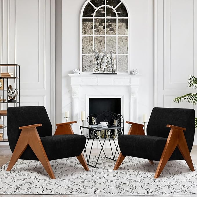 Home Accent Chair Mid Century Modern Accent Chair with Wood Frame, Lounge Upholstered Armchair, Reading Chair, Sturdy Base,For Living Room, Bedroom,Office,Comfy Guest Waiting Room Chairs,Black