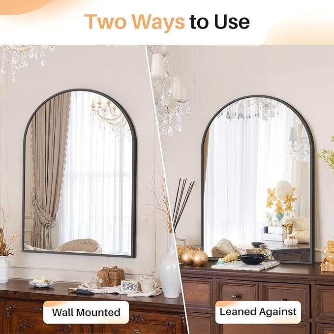Bathroom Mirror for Wall, 30x20 Inch Arched Mirror, Matte Black Metal Framed Bathroom Vanity Mirrors for Restroom Farmhouse, Anti-Rust, Tempered Glass, Hanging or Leaning