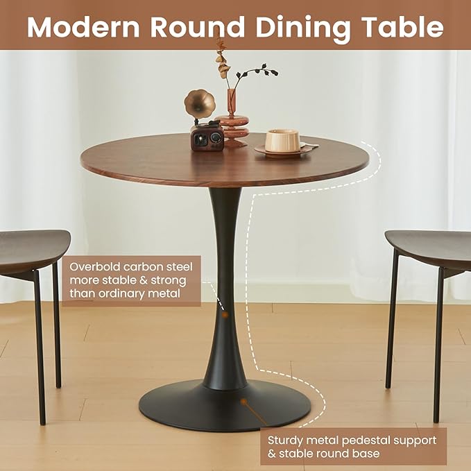 Round Dining Tulip Table for 4, Mid-Century Modern Table with Sturdy Metal Pedestal for Kitchen, Bistro, Cafe, Leisure (Faux Walnut, 31.5 INCH)