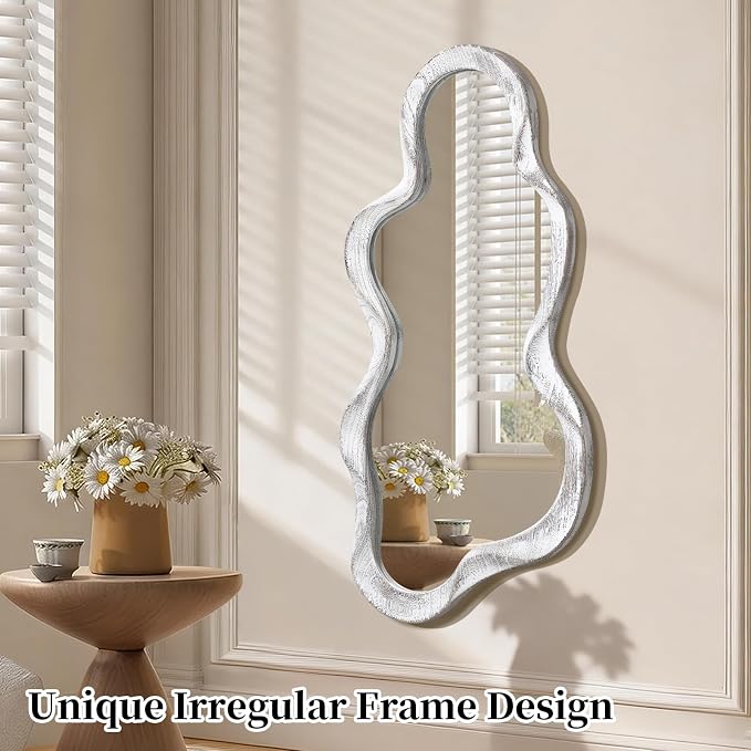 Asymmetrical Mirror Large Irregular Wall Mirror Modern Wood Frame Unique Artistic Mirrors Cute and Stylish Cloud Wavy Mirror Decorative for Cloakroom Bedroom Living Room Bathroom Entryway White