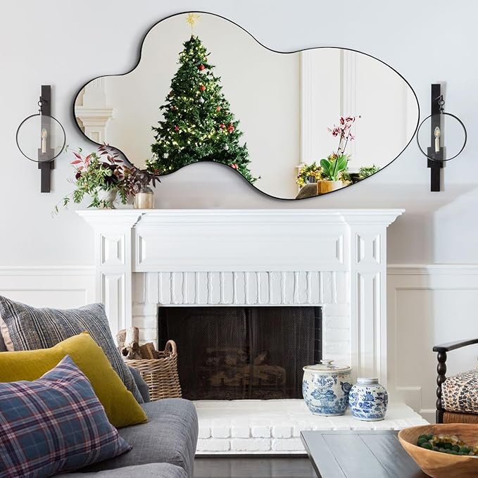 Asymmetrical Wall Mirror, 46.5"x24" Irregular Shaped Mirrors with Black Metal Frame, Modern Abstract Decorative Mirrors for Living Room Bathroom Bedroom Hallway Entryway Fireplace