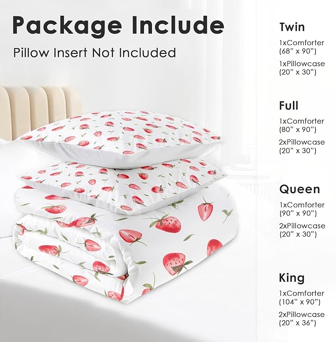 Comforter Set with Pillowcase Twin Size, Cute Red Strawberry Fruit, Bed Decor Pink Strawberries Party Girly for Kids and Adults, Soft Cozy Bedroom Bedding Set