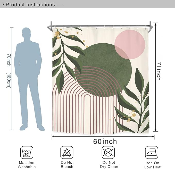 Miyotaa Abstract Minimalist Sage Green Pink Shower Curtain Set 60Wx71H Inches Aesthetic Modern Geometric Neutral Contemporary Plant Leaves Polyester Waterproof Bathroom Curtain with 12 Hooks