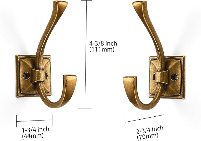 Large Wall Hooks 5 Pack Antique Brass Coat Hooks Hardware Towel Hooks for Hanging Coats 4.35 Inch Double Robe Hooks Wall Mounted with Screws for Key, Towel, Bags, Cup, Hat