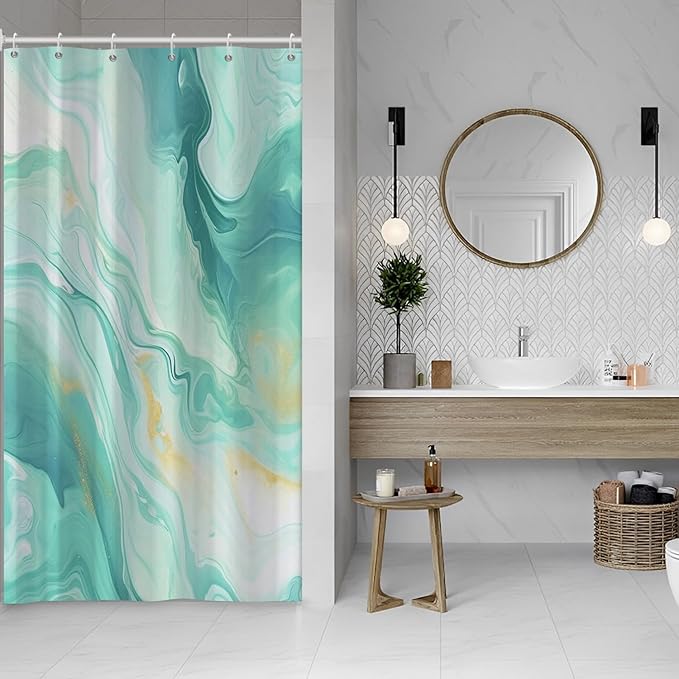 Turquoise Shower Curtain, Modern Teal and Gold Marble Shower Curtain for Bathroom Aesthetic Waterproof Shower Curtain Set with Hooks, 48x72 Inch