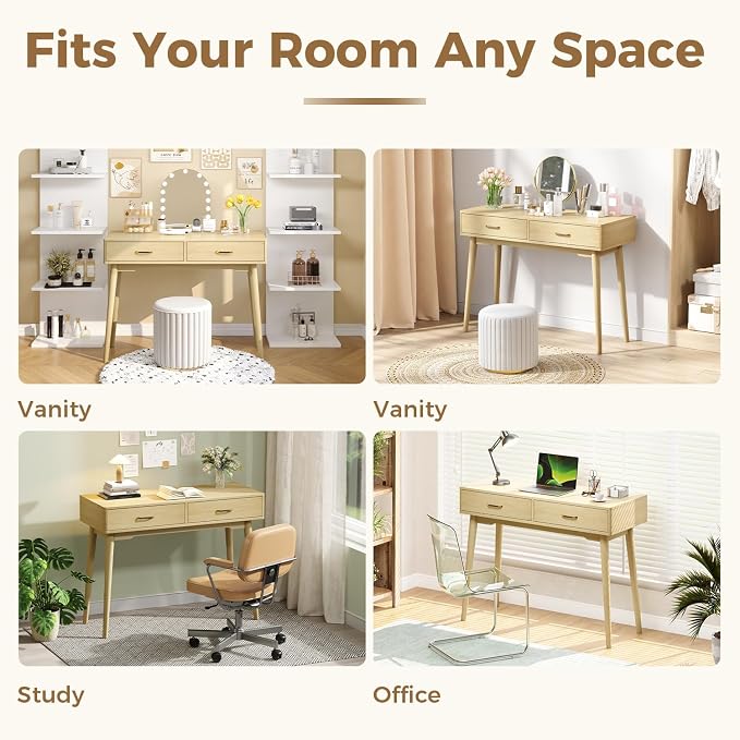 FUNKOCO Small Wood Desk with Drawers - 40 Inch Home Office Study Writing Desk for Bedroom, Vanity Desk with 4 Solid Legs, Modern Computer Desk for Small Spaces