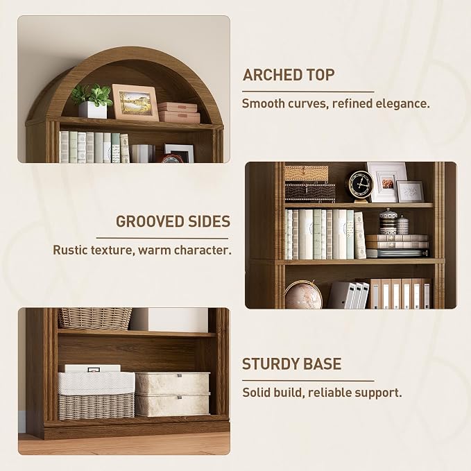 RALGEND Arched Bookshelf Set of 2, 75.8" Tall Arch Bookcase with Storage, 6-Tier Farmhouse Book Shelf, Arched Cabinet, Wooden Bookshelf with Open Display Shelves, Adjustable Shelf, Office, Walnut