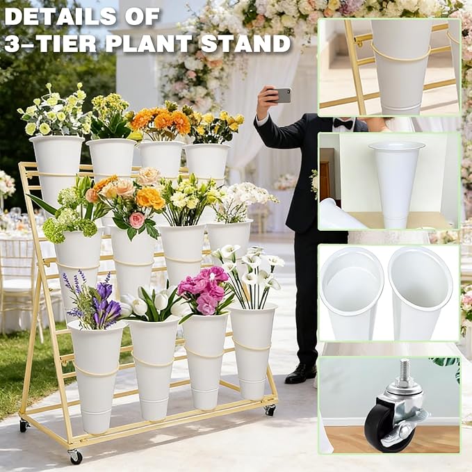 3-Tier Flower Display Stand with 12 Buckets, Heavy Duty Metal Flower Plant Cart with Wheels, Indoor Large Capacity Flower Bar Florist bucket Rack, Moving Florist Bouquet Shelf for Wedding Garden (D, 39.6*23.7*40.6in)