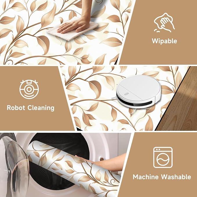 Botanical Leaf Vine Area Rug Beige Floral Branch Print Rug for Bedroom Living Room Kitchen Nursery Playroom Home Decor Non-Slip Washable Floor Mat Modern Farmhouse Carpet,4'x6'