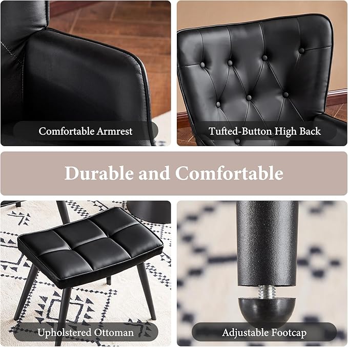 Furniliving PU Leather Accent Chair with Ottoman, Upholstered Reading Chair with High Backrest, Tufted-Button Wingback Armchair for Bedroom, Dressing Room, Home Office, Black