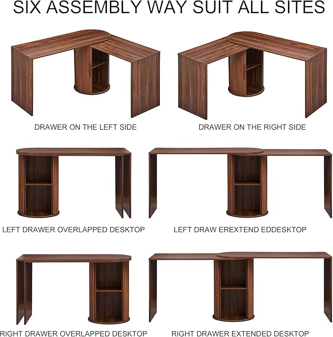 Fluted Computer PC Desk Table with Storage, Farmhouse Corner L Shaped Desk with Storage for Small Space, Modern Home Office Desk for Bedroom, for Writing, Executive, Study, Work - Walnut