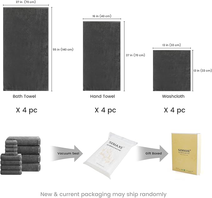SEMAXE 12-Piece Family Bathroom Towel Set - 100% Cotton, 4 Bath Towels, 4 Hand Towels, 4 Washcloths, Ultra-Soft and Super Absorbent, Lighter Weight