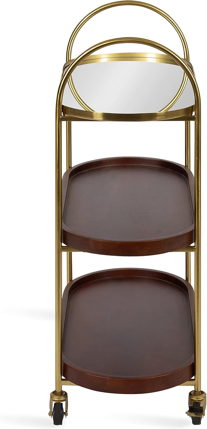 Kate and Laurel Maxfield Midcentury Modern Rolling Bar Cart, 26 x 13 x 36, Walnut and Gold, Decorative Glamorous Wood and Mirrored Kitchen Storage Cart with Wheels