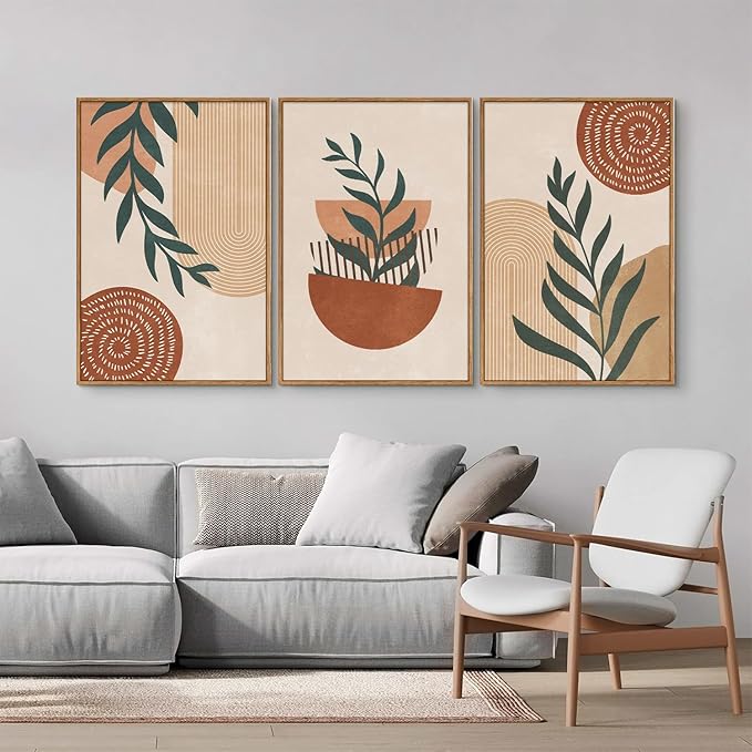 Rantodecor Large Boho Framed Canvas Wall Art Set of 3, Mid Century Modern Wall Decor, Bohemian Beige Geometric Line Art Paintings, Neutral Sage Green Leaf for Bedroom Living Room Office Home 16"x24"