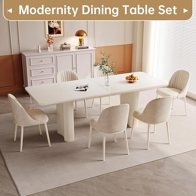 7-Piece Modern Dining Set, 78.97" Dining Table Set for 6, Rectangular Kitchen Table with 6 Chairs, White Dinner Table for 4-8 Person