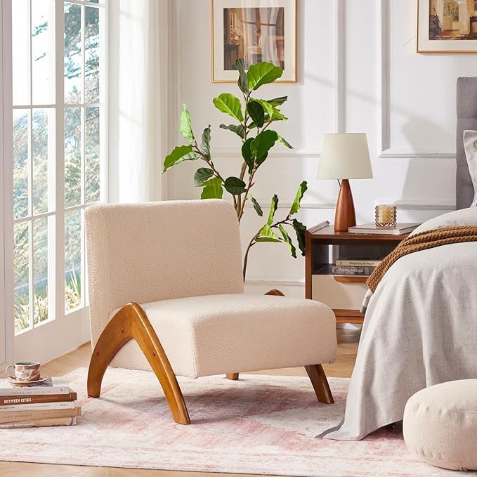 Oversized Accent Chair, upholstered armless mid Century Modern Living Room Chair with Wooden Legs for Bedroom/Office/Cafe, Sherpa Beige