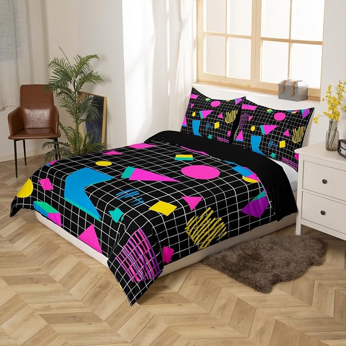 80s Bedding Set Memphis Pattern Old Fashion Comforter Cover,Vintage 90s Memphis Style Duvet Cover Abstract Geometric Pattern Retro Bed Set Full,Rainbow Urban Modern Circles Triangle Room Decor