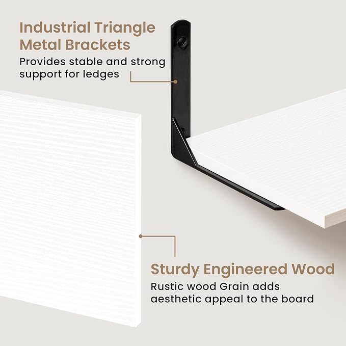 Fun Memories Deep Floating Shelves, 32W x 8D Floating Shelves Set of 2, Wall Mounted Shelf with Metal Brackets, Rustic Wood Wall Shelf for Bathroom, Kitchen and Living Room, White
