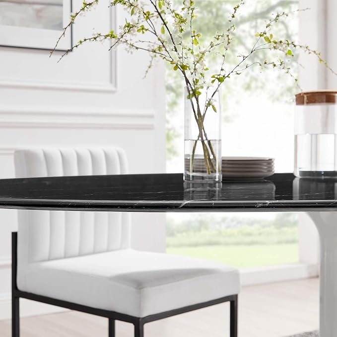 Modway Lippa Oval 78" Artificial Marble Mid-Century Modern Dining Table in White Black