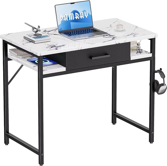 Pamray 32 Inch Small Computer Desk with Drawer and Shelves Simple Study Work Table for Bedroom Marble
