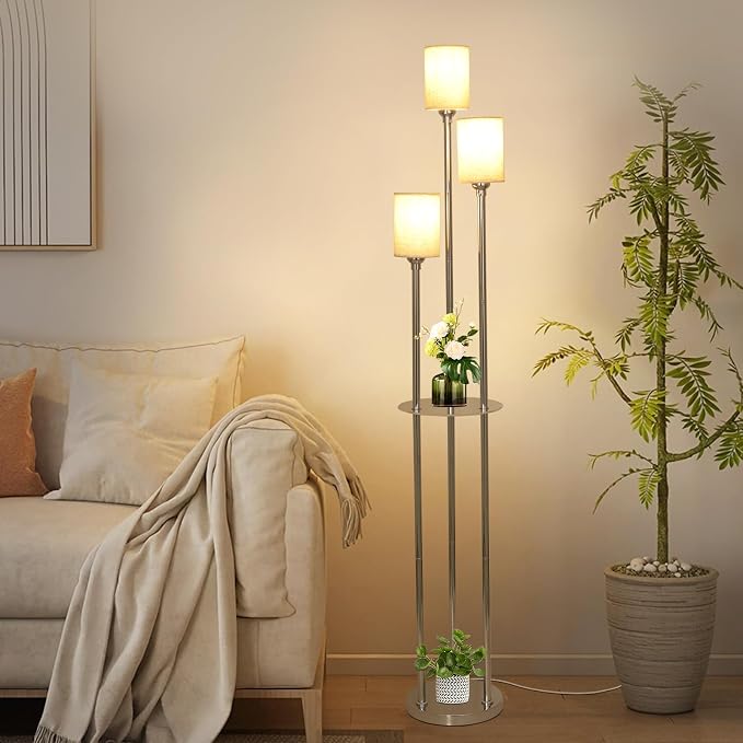Floor Lamps for Living Room, 3-Lights Modern Floor Lamp with Shelves, Chrome Standing Lamp with Fabric Shade and Foot Switch, Shelf Standing Lamps with Table, Tall Lamps for Bedroom Office
