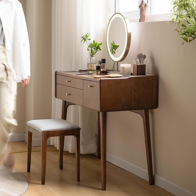 Small Vanity Desk, Solid Wood Dressing Table with Drawer Divider, Study Desk and Vanity Desk for Bedroom, Walnut Color, 18" D x 40" W x 32" H