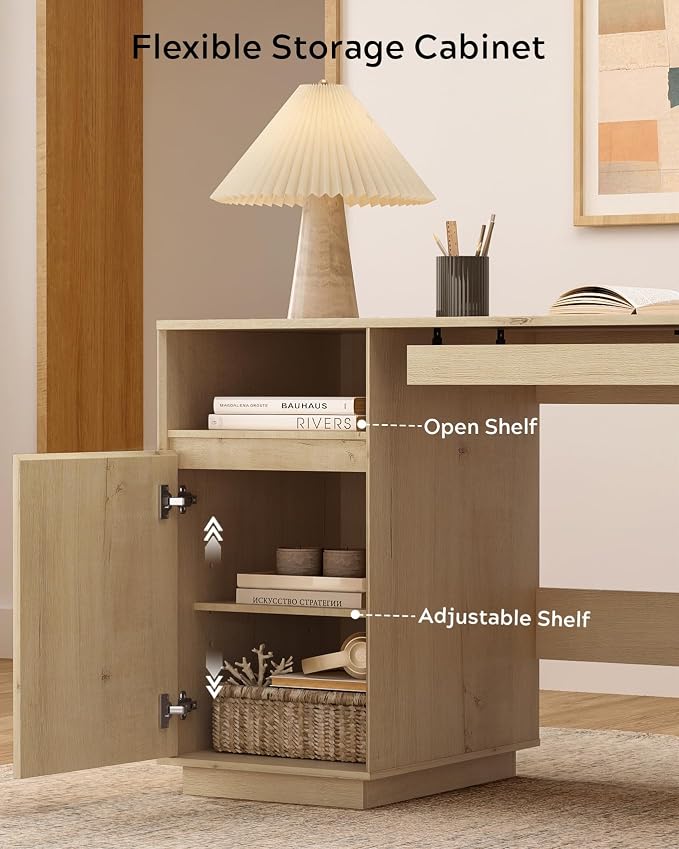 EYYTHUNG 59" Farmhouse Office Desk, Wide Home Executive Desk with File Drawer & Open Storage & Power Outlet, Wooden Computer Desk for Study Writing, Light Oak