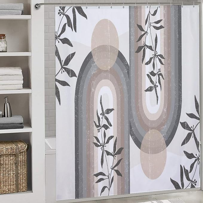 Boho Leaf Mid Century Shower Curtains, Bohemian Plant Mid Century Tropical Abstract Modern Washable Waterproof Fabric for Bathroom Decor Bathtub with 12 Hooks 72x72in (183x183cm)
