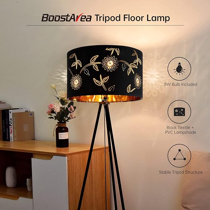 BoostArea Flower Tripod Floor Lamp, Mid Century, 8W LED Bulb, Decorative Lamp Shade, Black Metal Pole, Suitable for Living Room, Bedroom, Study, Office