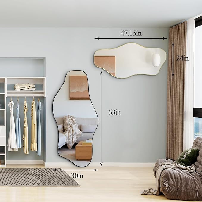Large Irregular Mirror, 63"x30" Asymmetrical ﻿Tempered Glass Mirrors Full Length, Abstract Frameless Wall Mirrors for Living Room Bathroom Bedroom Entryway Hallway, Horizontal Or Vertical