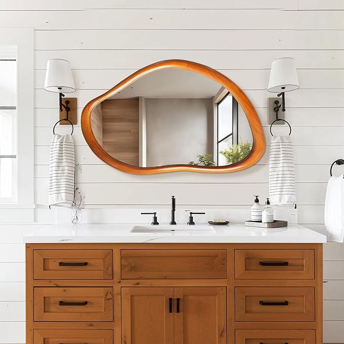 35"x24" Wood Bathroom Mirror Wall Mounted, Red Walnut Irregular Wall Mirror, Rustic Farmhouse Vanity Mirror for Bedroom Living Room Bathroom Entryway, Horizontal/Vertical