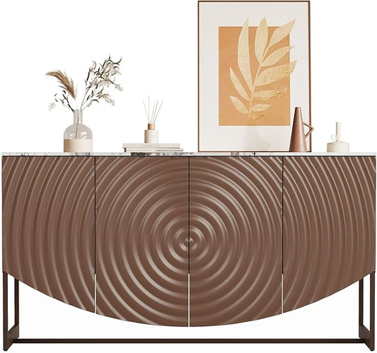 LKTART Sideboard Buffet Cabinet with Storage, 4 Doors Modern Accent Storage Cabinet Water Ripple Sideboard Buffet with Simulated Marble Textured Countertop for Kitchen, Living Room