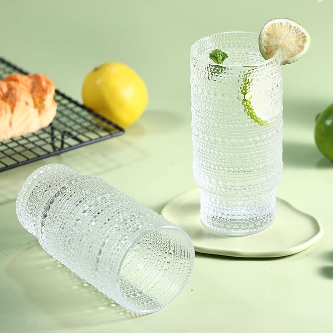 Large Capacity 16 oz Hobnail Drinking Glasses Set of 6, Vintage Glassware Drinking Glasses, Clear Water Glasses Tumbler, Cups for Kitchen, Juice, Beer, Cocktail, Whiskey