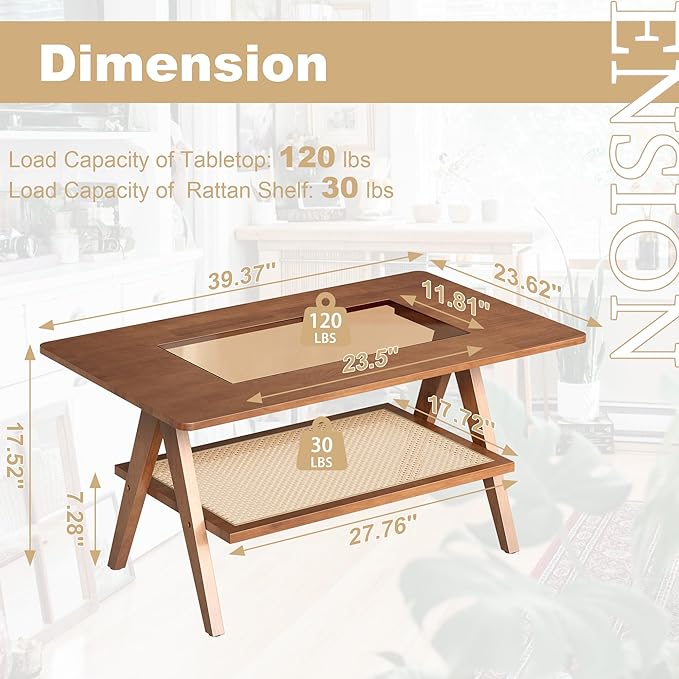 Mid Century Modern Coffee Table with Glass Top and Rattan Storage Shelf, Rectangular Walnut Wooden Coffee Table, Unique Center Tables for Living Room Apartment Home, 39.4 Inch